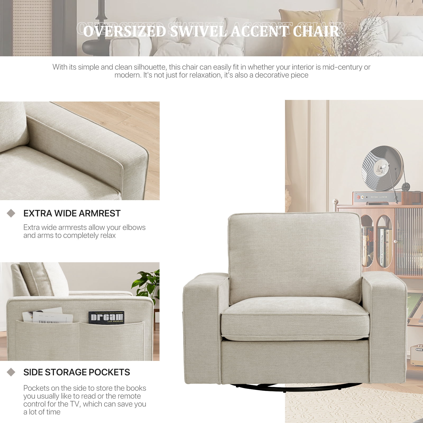 INGALIK Swivel Accent Chair, 40.2"W Oversize Chenille Accent Armchair with Storage Bag, Modern Comfortable Chair for Living Room, Bedroom, Beige