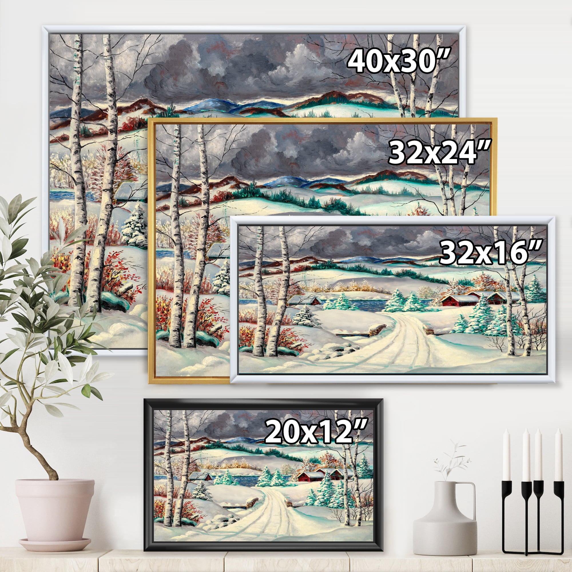 Designart 'Snowy Road In Countryside Winter Landscape' Traditional Framed Canvas Wall Art Print