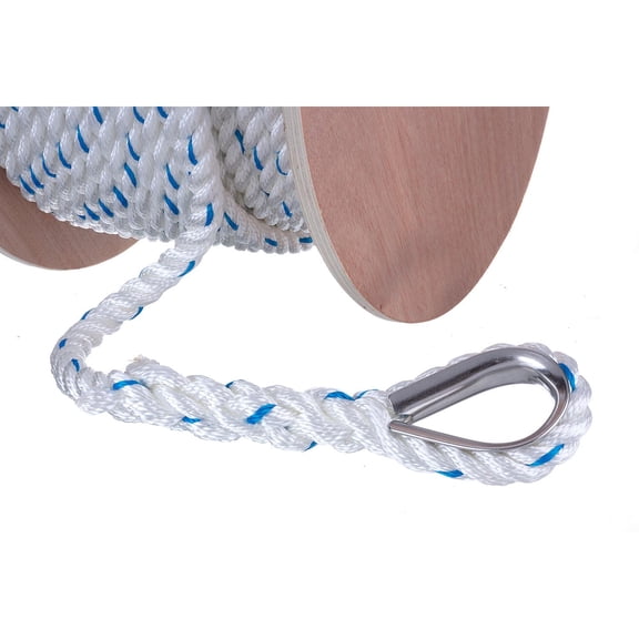 Seachoice Boat Anchor Line Rope, 3-Strand Twisted, Nylon, White/Blue, 5/8 In. X 200 Ft.