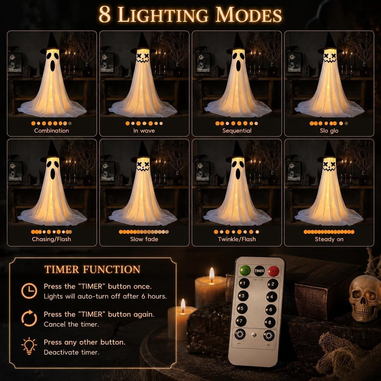 Lighted Halloween Ghost Decoration, 2-Piece Set with Adjustable Height 43-63 in, 6 Lighting Modes, Timer, Remote, Interchangeable Face Stickers, Indoor Outdoor Yard Decor
