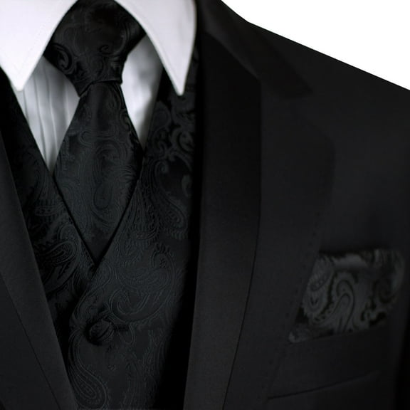 "BEST TUXEDO" Men's Formal, Wedding, Prom, Homecoming, Tuxedo Vest, Tie & Hankie Set in Black Paisley