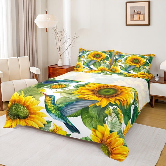 Homewish Hummingbird Animal Twin Sheet Sets 3pcs for Teens Boys Girls,Floral Sunflower Flower Twin Fitted Sheet Microfiber,Green Yellow Breathable Flat Sheet,Lightweight Room Decor