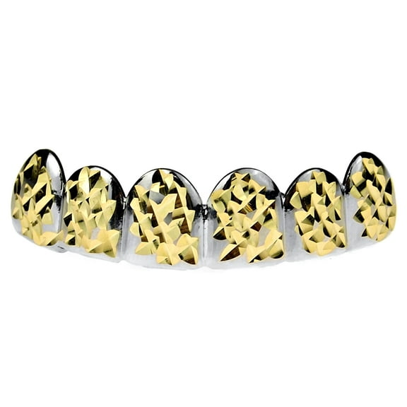 Diamond-Cut 2-Tone Grillz Silver with 14k Gold Plated Top Upper Six Teeth Hip Hop Grills