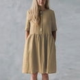 thumbnail image 2 of Robe d'Été pour Femmes en Coton et Lin Uni à Manches Courtes, Boutonnée, Col Ras du Cou, Robe Décontractée Plissée, Ample et Fluide, Robe de Plage avec Poches, 2 of 7