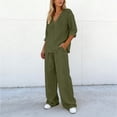 thumbnail image 6 of Bloomae Women's Loungewear Set 2 Piece Cotton Linen V Neck Long Sleeve Shirt & Wide Leg Pants with Pockets Lightweight Casual Solid Color Loose Fit Summer Outfit Army Green M, 6 of 7