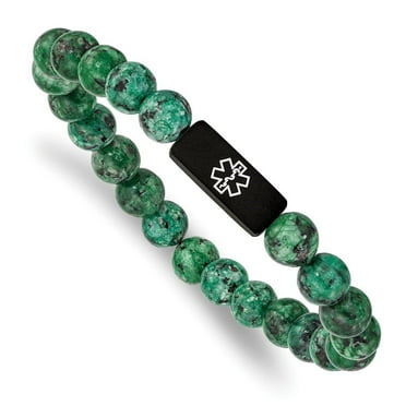 Auriga Stainless Steel Men's Black IP-plated with White Enamel Medical ID 8.5mm Dyed Green Stone Beaded Stretch Bracelet