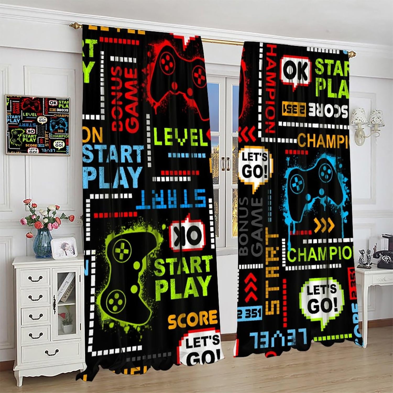 Game Boys Curtains, Video Games Gamepad Controller Gamer Cool Colorful Print Window Treatments for Teen Nursery Bedroom Playroom Living Room, （W26xL84 Inch） x2 Panels