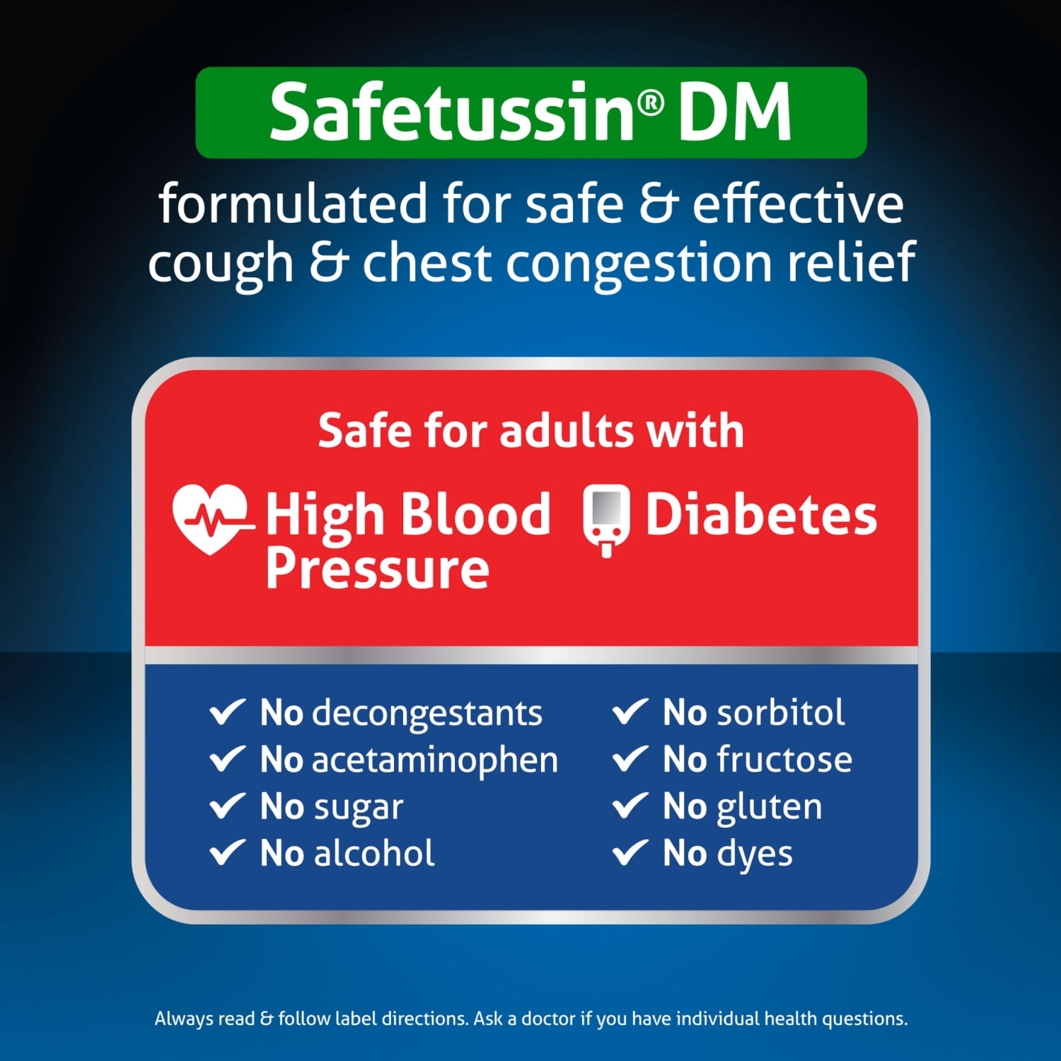Safetussin DM Non-Drowsy Cough + Chest Congestion Relief, Safe for High Blood Pressure & Diabetes, 8 Fl oz