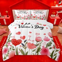 Homewish Happy Valentine'S Day Bedding Comforter Set,Cute Loves Pattern Twin Comforter Sets,Pink Flower Tulip Bedding Set For Girls Kids,Super Cozy Room Decor Reversible,2 Pieces