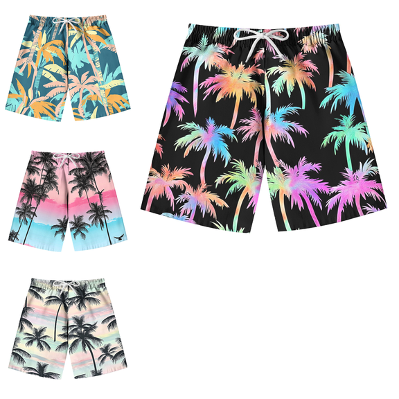 Lovzfmll Boys & Girls Hawaiian Palm Tree Print Swim Trunks, Elastic Drawstring Waist Beach Shorts for Summer, Vacation Wear for Kids 7-8 Years