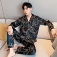 thumbnail image 2 of Pijama de hombre, cárdigan de seda helada de otoño, traje de seda artificial para hombre de talla grande para usar en casa, 2 of 4