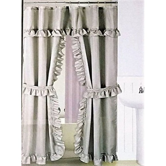 MOSAIC DOUBLE SWAG FABRIC SHOWER CURTAIN, LINER AND 12 ROLLER HOOKS, PLATINUM GREY