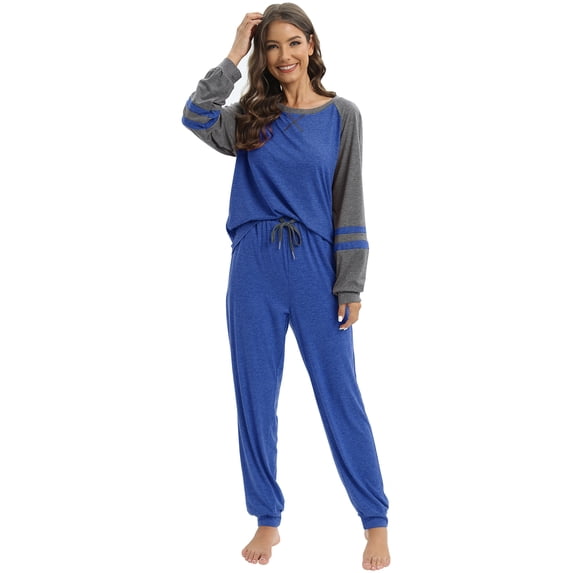 Women's Pajama Sets Long Sleeve Tops and Pants Round Neck Splicing Color Block Soft 2 Piece Sleepwear Loungewear Set with Pockets,S-2XL