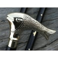 thumbnail image 2 of Handmade Wooden Walking Cane Golden Fish Head | Solid Wood | Brass Inlaid Shaft | Deluxe Beautiful walking stick, 2 of 5