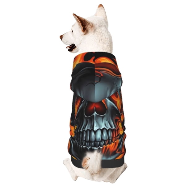 Fotbe Flame Metal Skull Sudadera con Estampado para Perros Pequeños – Suéter con Capucha para Mascotas, Tela Suave de Forro Polar con Bolsillo-X-Small