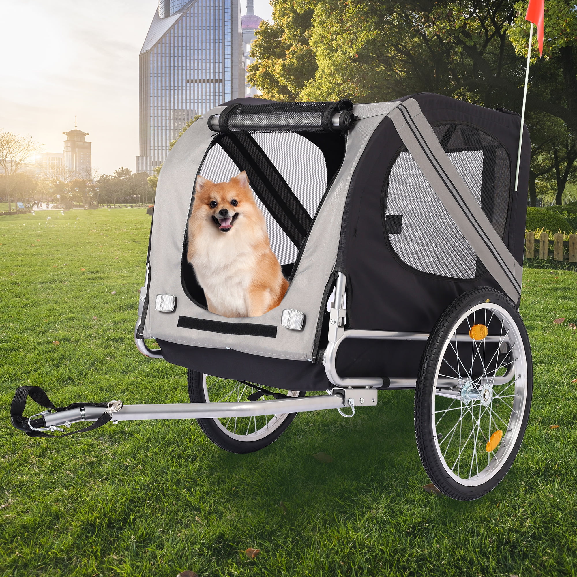 Pefilos 55" Dog Bike Trailer for Small and Medium, Pet Trailer with Suspension, Visibility Flag, Air-Filled Tires, Collapsible, Gray Pefilos 55" Dog Bike Trailer for Small and Medium, Pet Trailer with Suspension, Visibility Flag, Air-Filled Tires, Collapsible, Gray