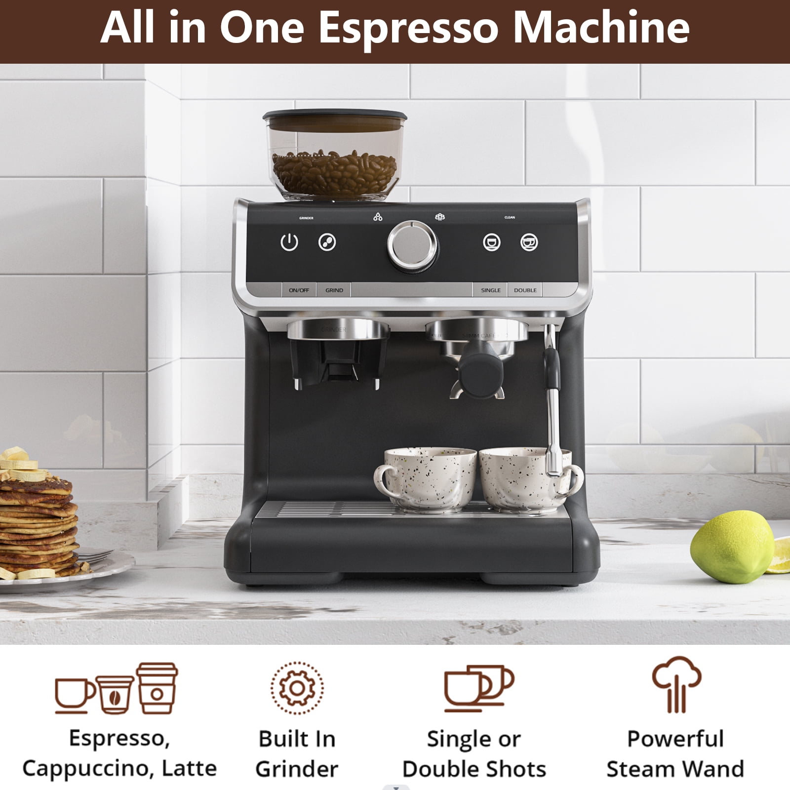 2-in-1 Espresso Machine & Grinder - 20 Bar with Steam Wand & Large Tank
