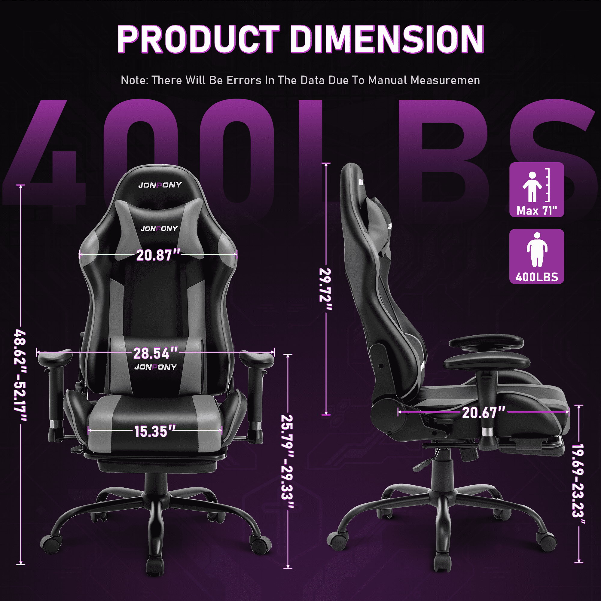 JONPONY Game Chair,Ergonomically Designed Computer Chair with headrest and 2D Armrests,with Footrest and Lumbar Support,High Back Office Chair Support 8 Hours Long Sitting,Computer Chair,BLACK