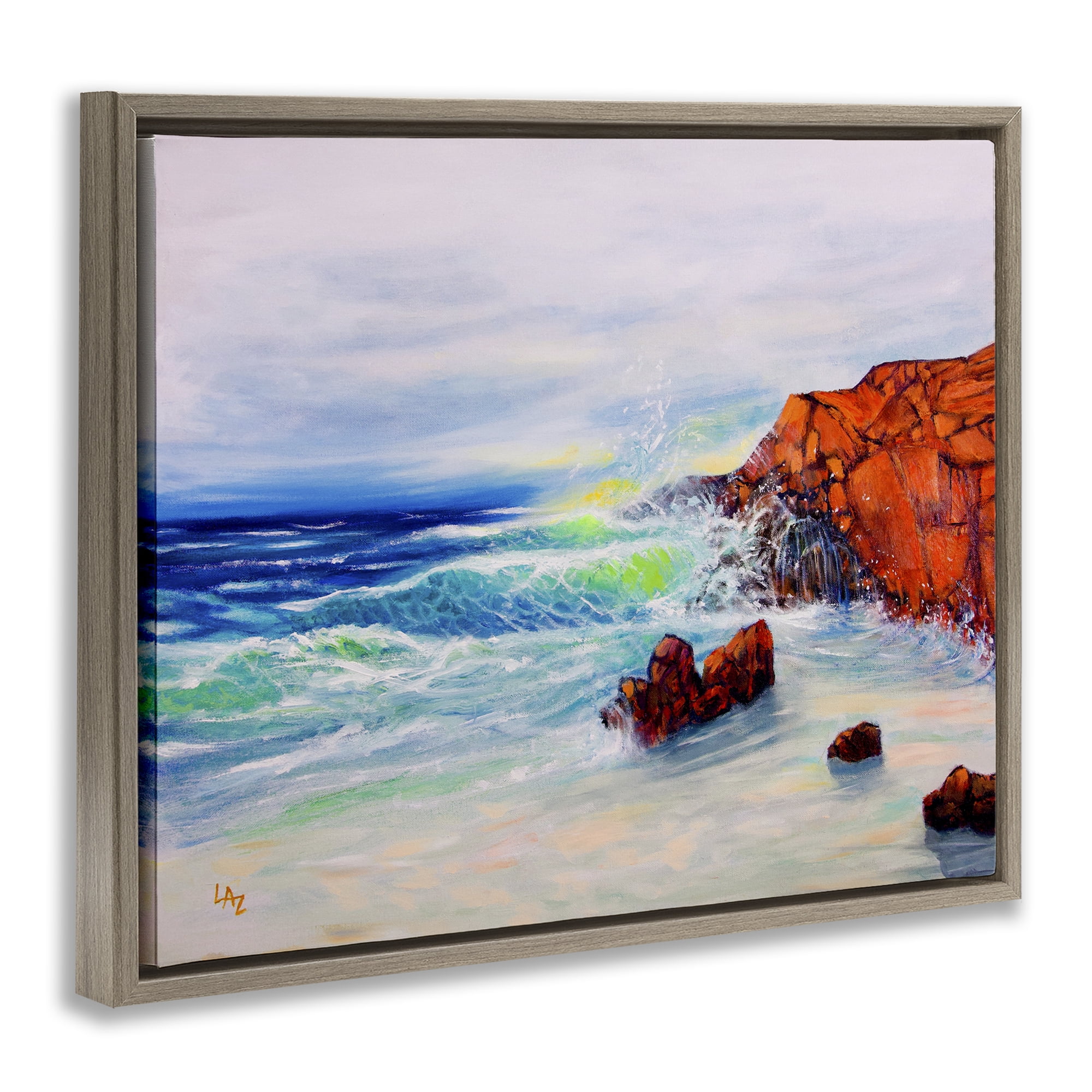 Stupell Industries Deep Blue Rocky Beach Brown Framed Floater Canvas Wall Art, design by Lee Ann Zirbes