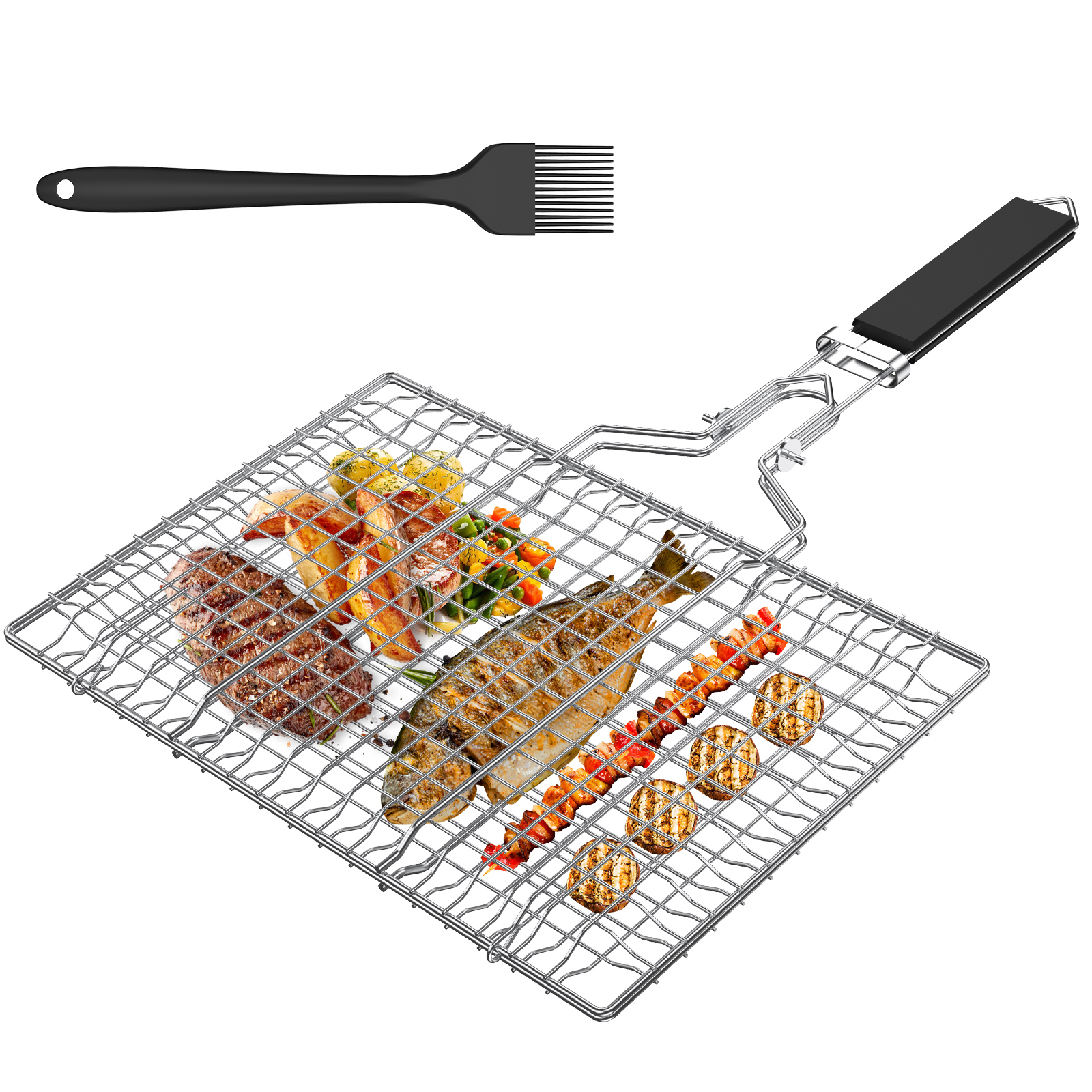 Eummy Fish Grilling Basket with Oil Brush 304 Stainless Steel BBQ