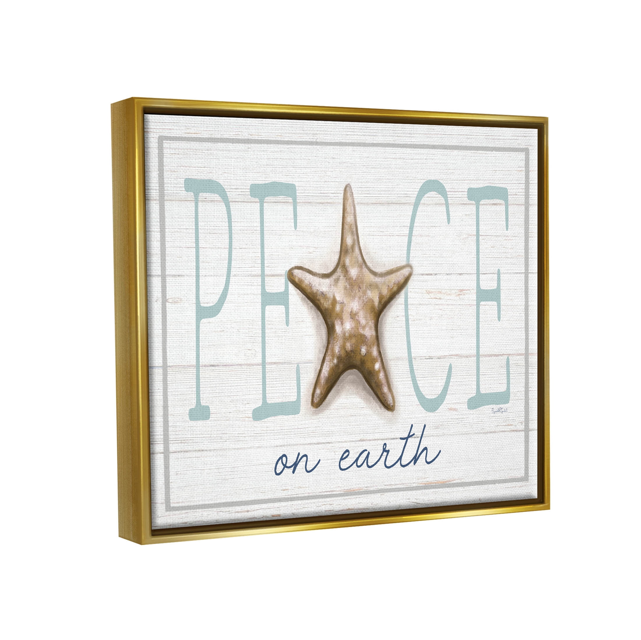 Stupell Industries Peace On Earth Starfish Sign Graphic Art Metallic Gold Floating Framed Canvas Print Wall Art, Design by Elizabeth Tyndall