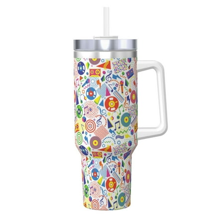 

Zeuib Retro Musi Disco Printed Insulated Stainless Steel Hot/Cold Coffee Cup 40oz Ice Bully With Handle Tumbler with Straw and Handle Insulated Water Bottle Travel Mug Cup