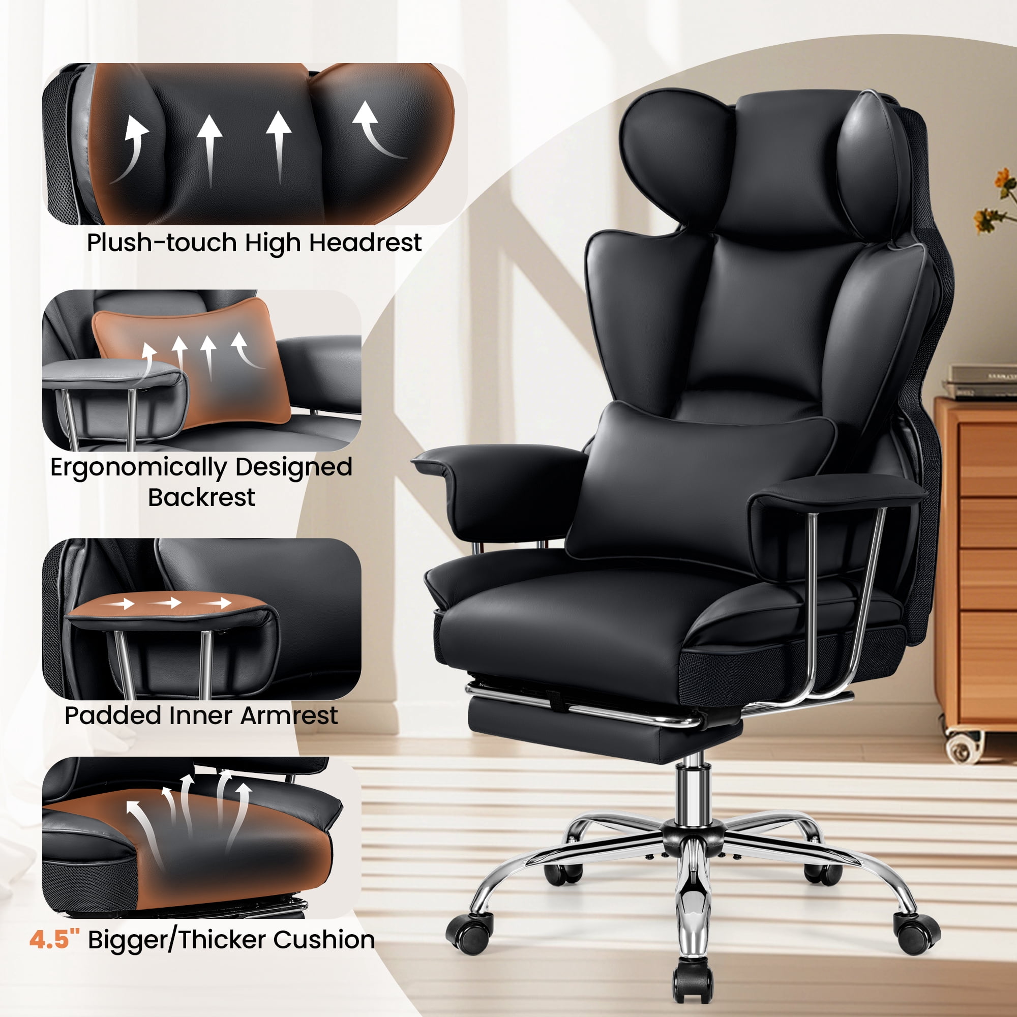 Primy High Back Office Chair, Big and Tall PU Leather Executive Chair with Footrest – Ergonomic Reclining Computer Desk Chair, High-Density Foam, Heavy Duty Swivel Rolling Chair, Black