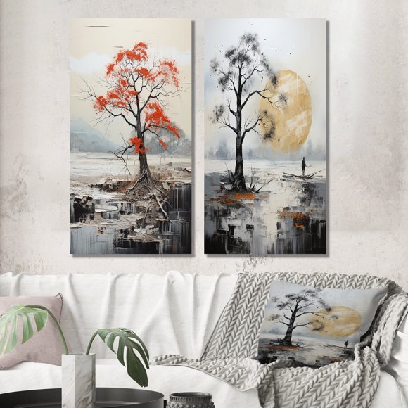Designart "Grey Red Minimalism Tree silence II" Minimalism Wall Art Set Of 2 - Grey Abstract Gallery Wall Set For Home Decor