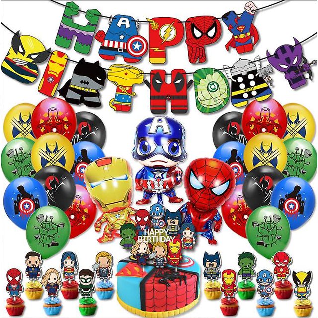 juegos de tema de los vengadores Hulk Spider Man Iron Man Capitán América Banner Cake Topper conjunto de globos decoración de fiesta de cumpleaños para niño, 11 Feliz Sencillez