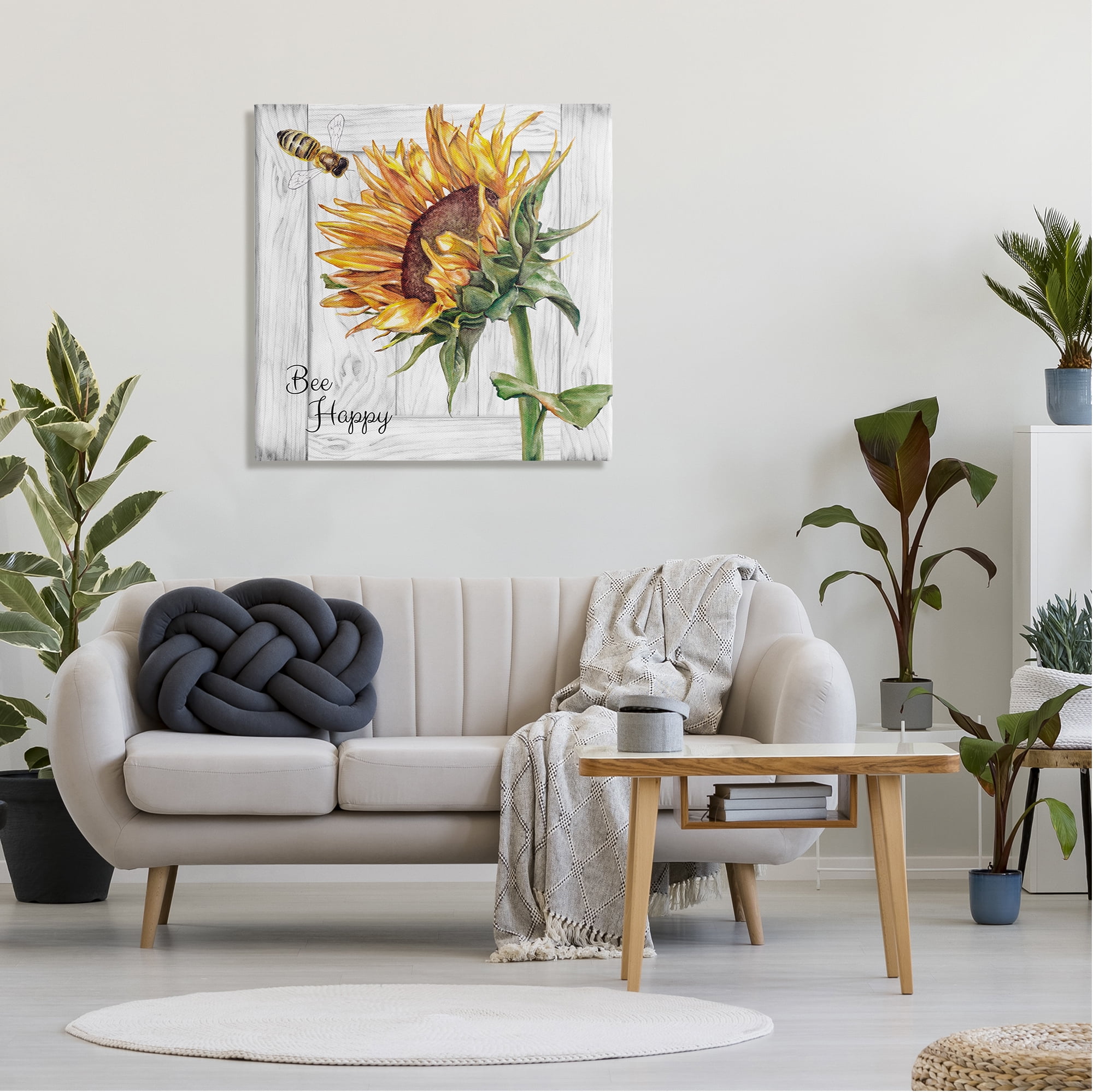 Stupell Industries Bee Happy Rustic Sunflower Botanical & Floral Painting Gallery Wrapped Canvas Art Print Wall Art, 30 x 30