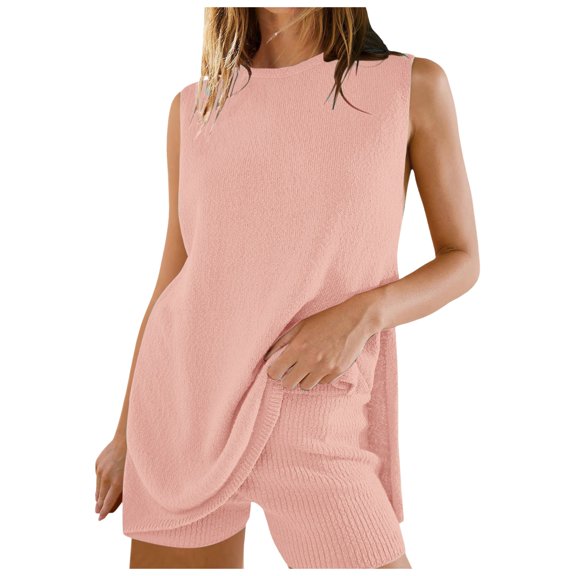 JIAYUE Women's Summer 2 Piece Outfit Sets Sleeveless Side Slit Knit Round Neck Tunic Top And Casual Shorts Solid Color Beach Everyday Cozy Clothing Set