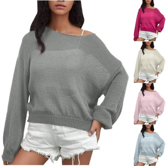 ATOYSOY Women's Lantern Sleeve Tees Fall Winter Loose Tops Knitted Sweaters Pullover Workout Crew Neck Sweatshirts Hollow Out Outwear Casual Shirts Fashion Beige L