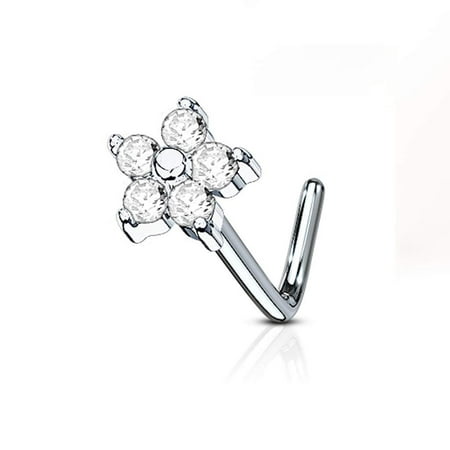 MoBody 20 Gauge Nose Ring Stud L-Shape 5 CZ Flower 316L Surgical Steel Body Piercing Jewelry (0.8mm)
