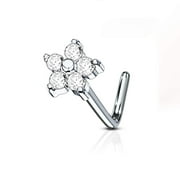 MoBody 20 Gauge Nose Ring Stud L-Shape 5 CZ Flower 316L Surgical Steel Body Piercing Jewelry (0.8mm) (Silver-Tone)