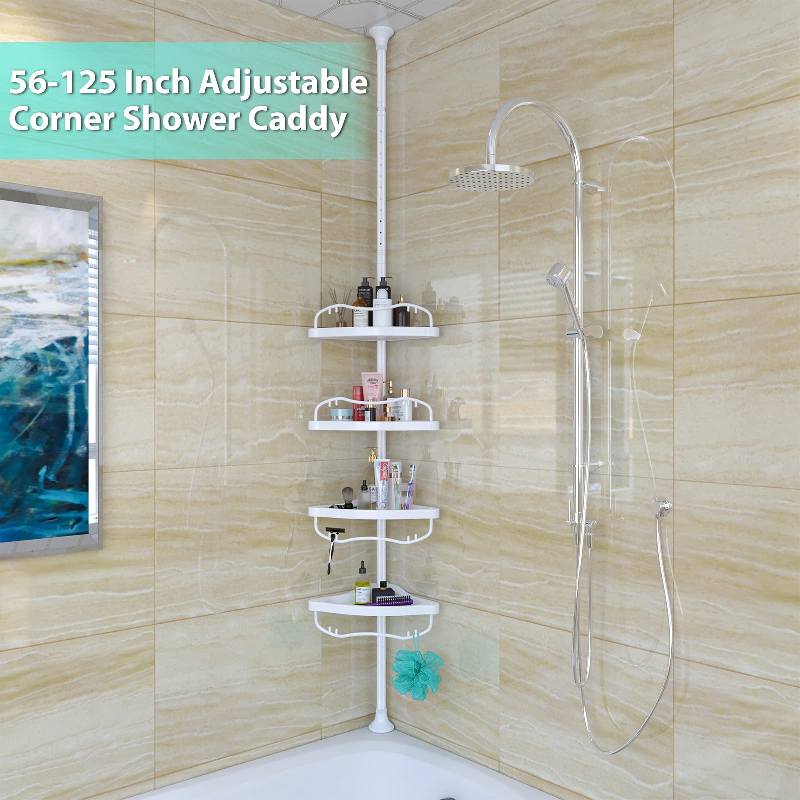Shower Caddy Corner, Rustproof ABS Shower Organizer Corner with 32-125 inch Steel Poles, No Drill Shower Shelf, Corner Shower Caddy Tension 4 Shelves, White