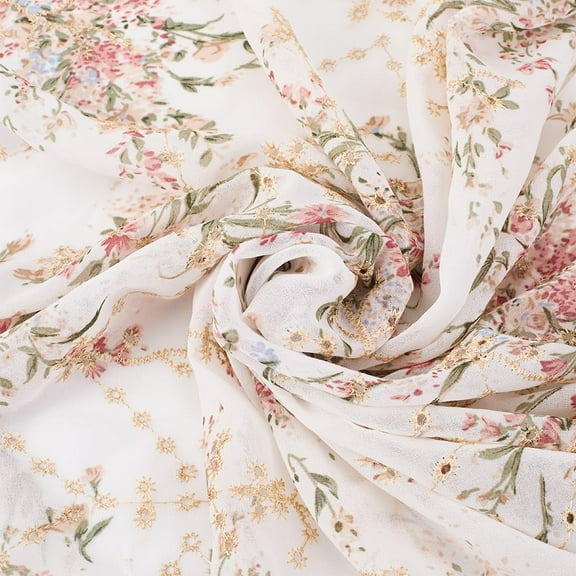 Metallic Embroidered Eyelets Chiffon Fabric 51.2 inch Jacquard Drape Floral Printing Lace Fabric 1 Yard Embroidery Applique Ribbons for Sewing Wedding Bridal Cloth DIY Crafts Brown