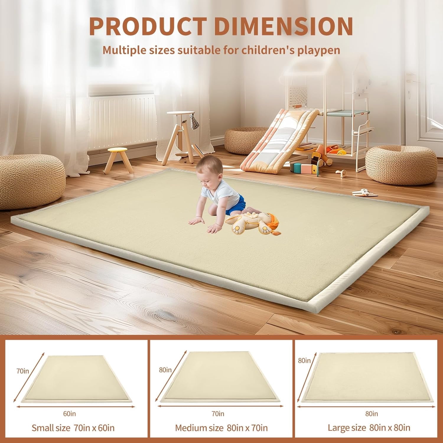 Baby Play Mat for Floor - 1.4" Thick Memory Foam Rug, 70"x60" Playpen Tummy Time Mat, Soft Velvet Nursery Rug, Large Padded Crawling Mat, Cushioned Pads for Playroom Toddlers, Infants, Yoga, Tatami