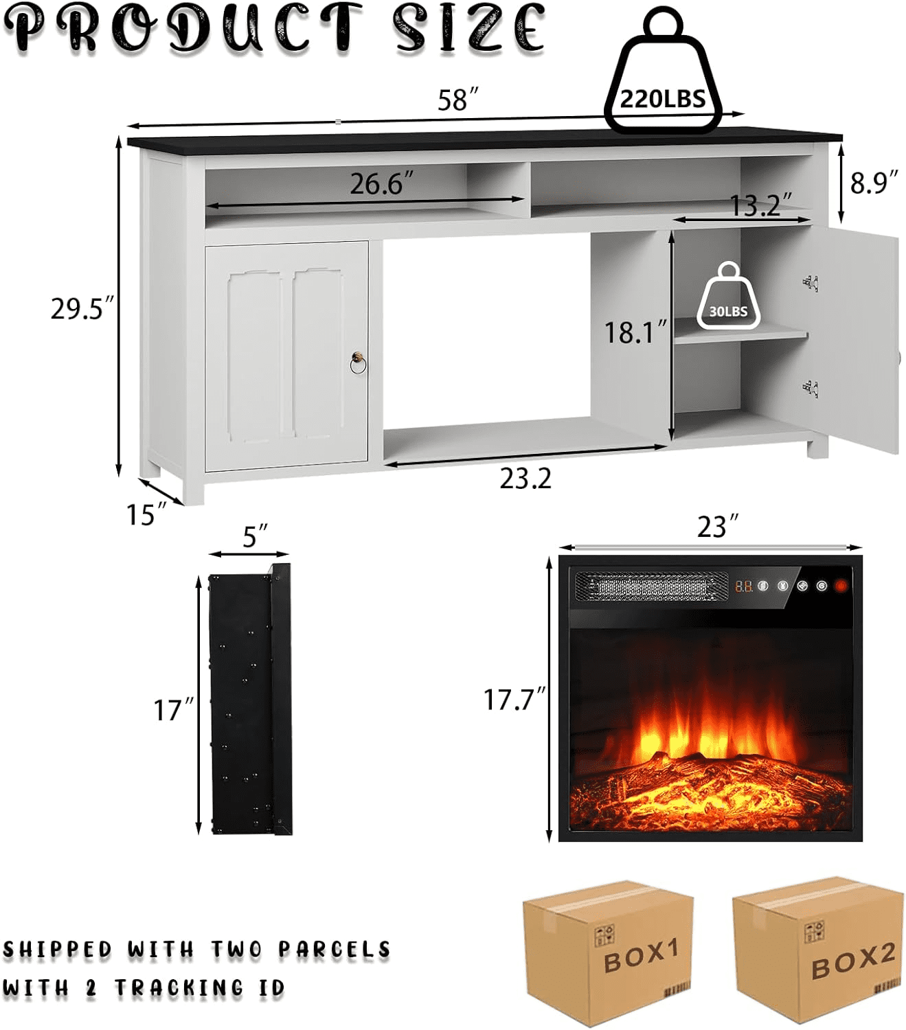 BOSSIN 58 Inch Farmhouse Fireplace TV Stand for 65 inch TVs with 23'' Electric Fireplace & Remote, Entertainment Center for Living Room