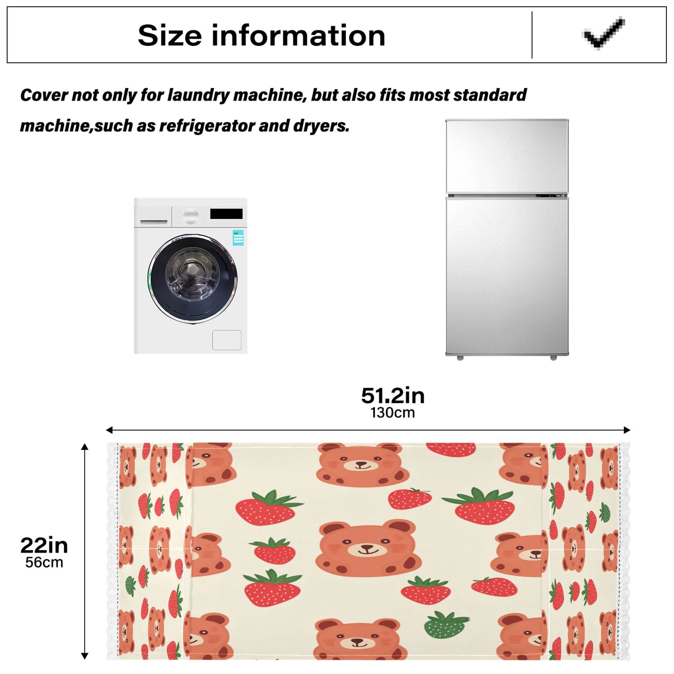 Strawberry BearWasher and Dryer Covers Dust-Proof and Oil Resistant Fridge Cover with 4 Storage Pockets Washing Machine Top Cover for Laundry Kitchen Home 51.2 x 22 In