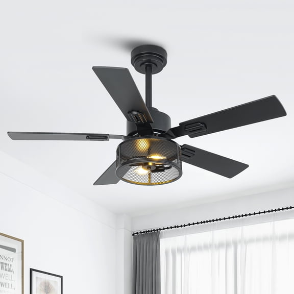 42" Modern Black Smart Caged Ceiling Fan with Light and Remote for Bedroom and Living Room