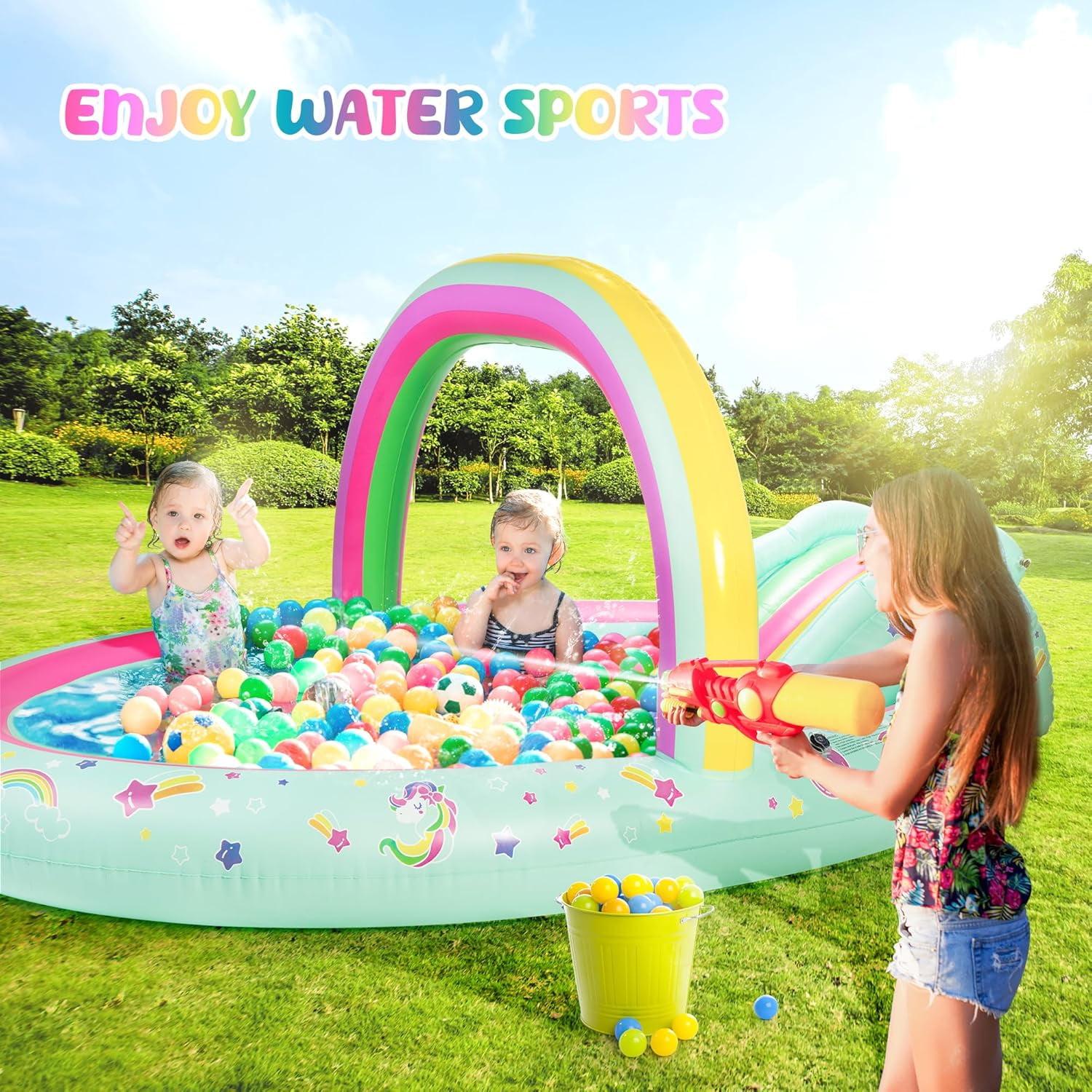 Rainbow Unicorn Inflatable Play Center Kiddie Pool with Slide and Sprinkler for Children, 96''x59''x39''in Baby Pool for Backyard and Garden, Free Inflatable Pump