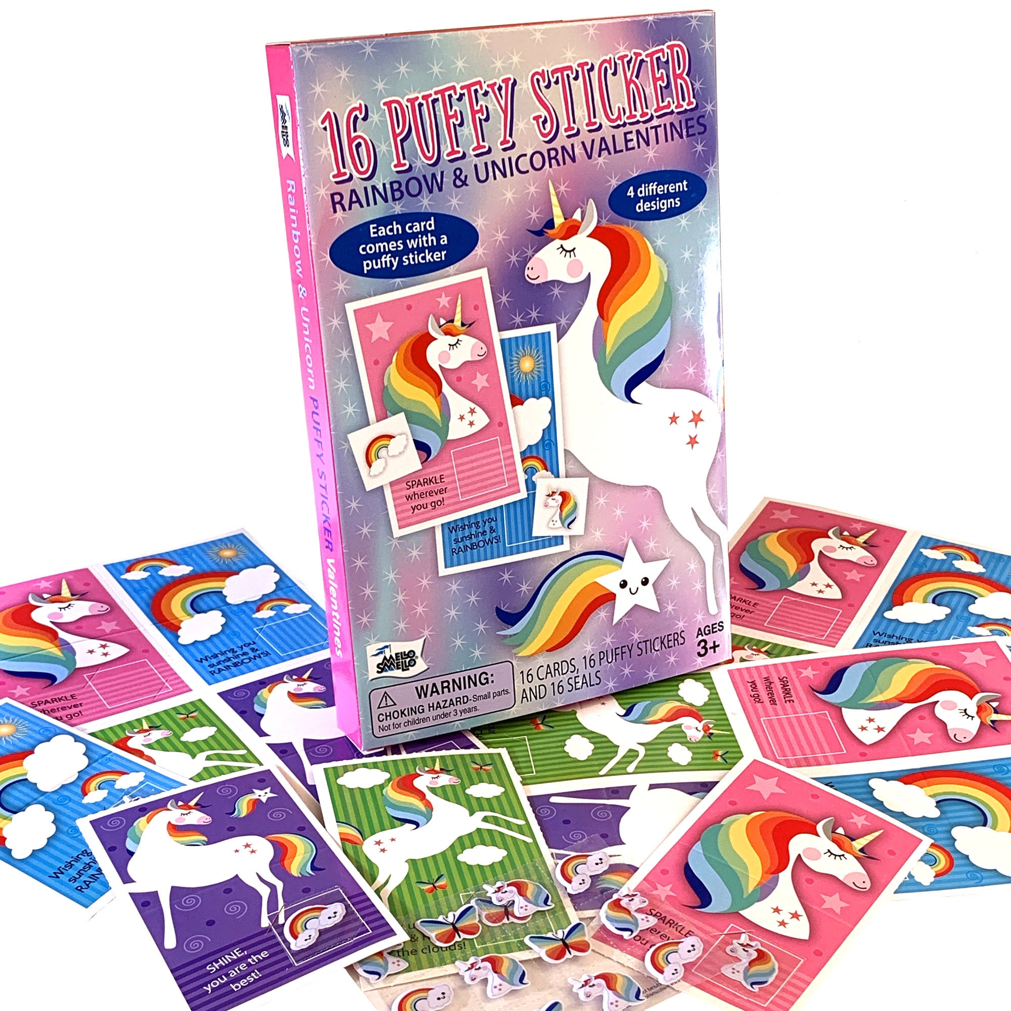 16 Rainbow and Unicorn Puffy Sticker Valentines