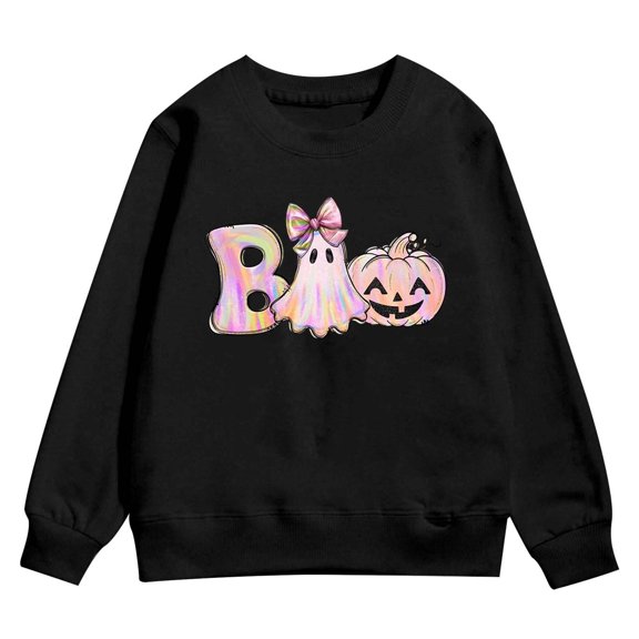 Tisuna Girl'S Halloween Sweatshirts Pumpkin Ghost Print Long Sleeve Crewneck Sweatshirt Kids Trendy Theme Party Daily Tops Clothes Size 3-4 Years Black