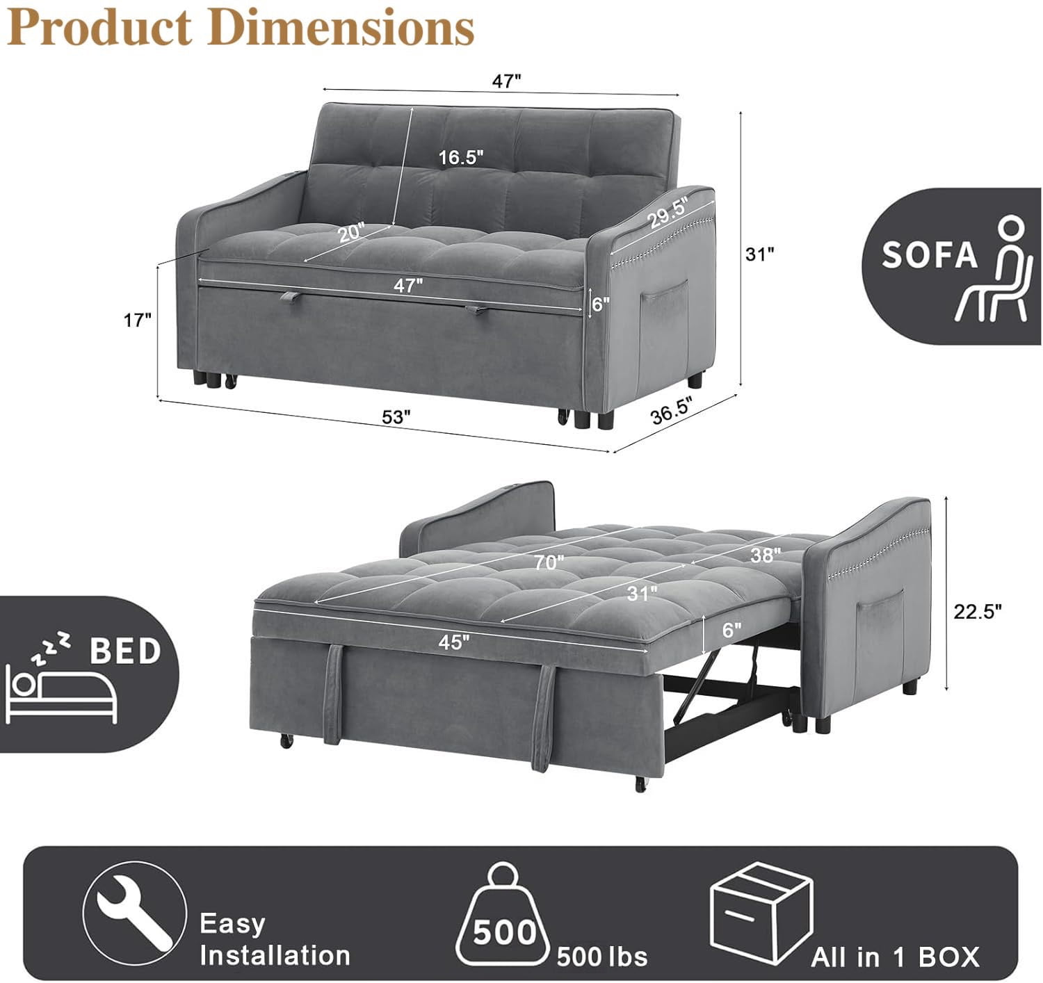 Xiweot 3 in 1 Sleeper Sofa Bed, 53 Inch Convertible Pull Out Couch with Adjustable Backrest, Velvet Futon Loveseat Couch with Side Pockets & USB Ports for Living Room Bedroom (Gray)