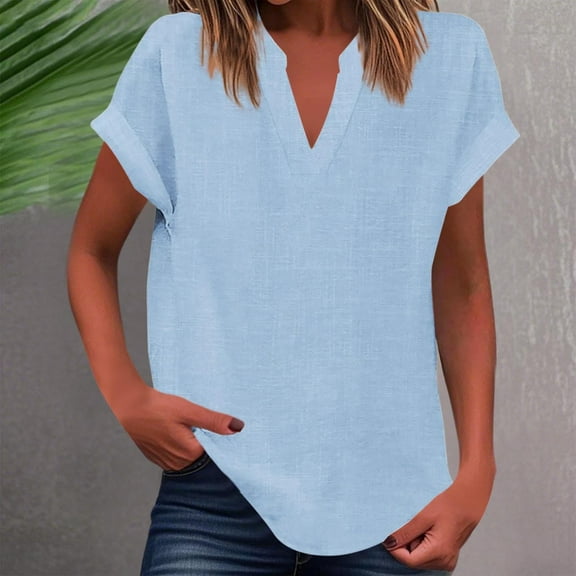 Tops for Women Plus Size Short Sleeved V-Neck Solid Color Shoulder Pullover T-shirt Light Blue L