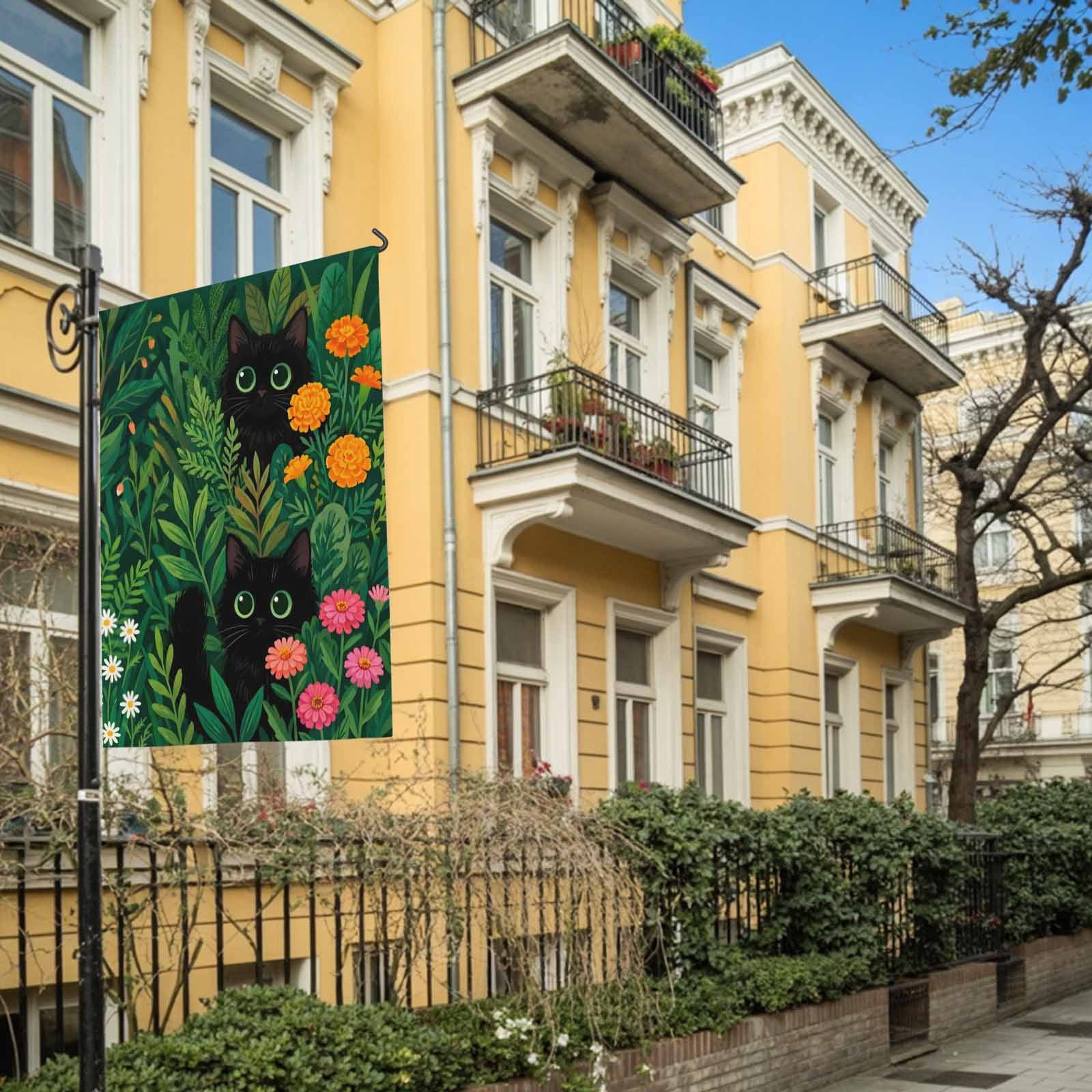 Black Cat House Flag 28 x 40 Inches, Pink Orange Flower Green Grass Spring Daisy Floral Weather Proof Outdoor Patio Flags Double Sided Small House Decoration for Yard Lawn Outside Home