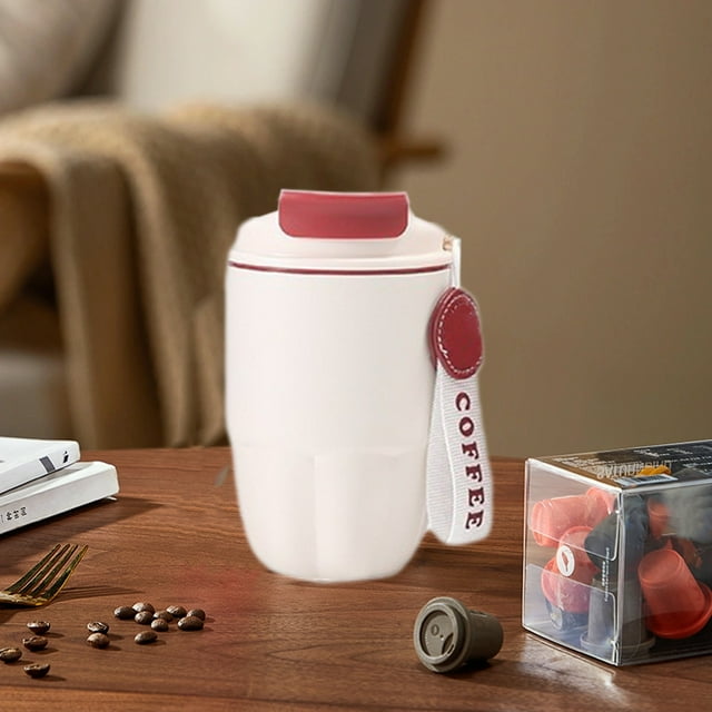 Fiudx Taza de Acero Inoxidable, Taza Térmica para Café con Leche, Diseño de Textura Esmerilada, Tecnología Antigoteo de 360°, Taza de Viaje Portátil, Uso Familiar, Elegante Color Rojo y Beige, Tamaño