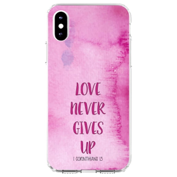 DistinctInk Clear Shockproof Hybrid Case for iPhone XS Max (6.5" Screen) - TPU Bumper, Acrylic Back, Tempered Glass Screen Protector - 1 Corinthians 13 - Love Never Gives Up - Show Your Love of Christ