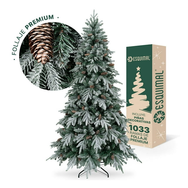 Árbol Navidad Nevado + Piñas Pino Navideño 2.2m Ramas Mixtas Esquimal
