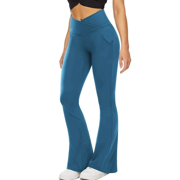 Women's Cross-Waist Yoga Leggings with Sporty Pockets – Fashionable Full-Length Pants for Leisure, Errands & Light Exercise,Blue L